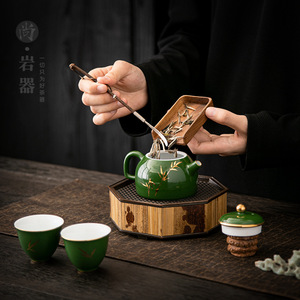 Dehua Ceramic Teapot Emerald Green Hand Painted Bamboo Kung Fu <b>Tea</b> Set With Filter Single Pot Gift - Product Image 4