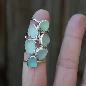 纯银可调海玻璃戒指/绿海玻璃首饰/925银戒指/现代简约首饰