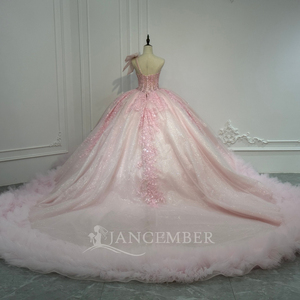 XS301 Stylish One Shoulder Bow Pink <b>Ruffle</b> Quinceanera <b>Dresses</b> Beading Appliques Crystal Print Floor-Length Ball Gown Natural - Product Image 3