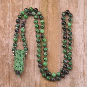 Natural Ruby Zoisite Handmade Mala Necklace , Prayer Beads Crystal Point Healing Energy Yoga Gifts
