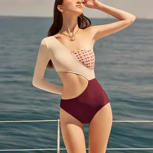 One Shoulder Long Sleeve Cut Out Color Block Nude and Wine Red Dreaming Swimwear One Piece
