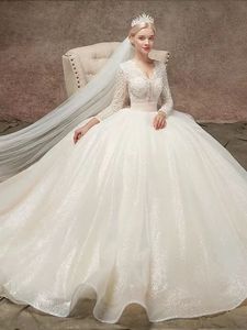 NDB10968 Vestido <span class=keywords><strong>de</strong></span> Novia Nuevo <span class=keywords><strong>de</strong></span> <span class=keywords><strong>Manga</strong></span> <span class=keywords><strong>Larga</strong></span> con Cola <span class=keywords><strong>de</strong></span> Falda Voluminosa Brillante y Efecto Adelgazante - Product Image 2