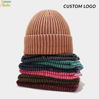 Bonnet en tricot côtelé lavé, effet vieilli, en tricot épais brossé, avec revers, couleur unie, chaud pour l'hiver, logo personnalisé