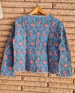 High Custom Hand Block Printed Blue Floral Quilted Cotton Coat Lightweight Quilted Ethnic with Button Front for Women Stylish - Product Image 4