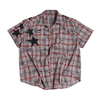 Chemise à carreaux personnalisée pour homme à manches courtes, effet vieilli, délavée à l'acide, patchwork étoile, style streetwear, hip-hop, grunge, rétro, coupe oversize, boutonnée