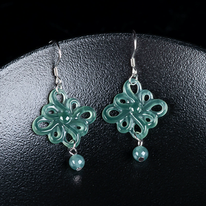 Natural <b>emerald</b> blue water Chinese knot earrings, S925 silver set with ice-grade jadeite earrings for women, pendant earrings - Product Image 5