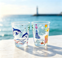 Verre à shot transparent à imprimé plage tropicale côtière, motif animaux marins et fleurs, souvenir de vacances