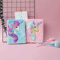 Carnets de Journal intime en peluche licorne, papeterie, couverture rigide en fausse fourrure, Set de journaux de voyage avec stylo Pom pour enfants filles