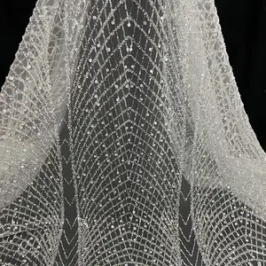 Luxury White Embroidery Beads Sequins Lace Fabric for Wedding Dress Bridal Gown Evening