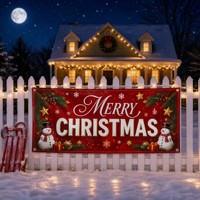 Drapeau de garage Joyeux Noël Rouge Vintage avec Bonhomme de neige, Pin, Baies et Flocons de neige - Polyester Classique pour intérieur/extérieur, pour les fêtes