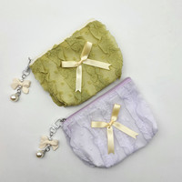 Pochette de maquillage personnalisée style coréen froissé avec nœud mignon, mini porte-monnaie, pochette cosmétique en dentelle douce pour fille avec pendentif perle