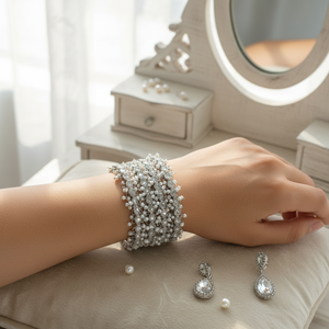 Jewelemarket <b>Silver</b> Plated White Crystal Stone and Pearls <b>Bracelets</b> Set - Product Image 3