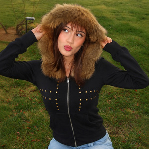 2026 Fall Winter New Dark Punk Cross Rivet Hoodie Streetwear Oversized Fur Collar Zip Up <b>Jacket</b> for Women - Product Image 5