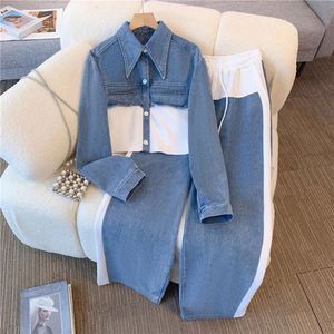 Spring Casual 2 Piece Long Set Women V-neck Full Sleeve <b>Top</b> <b>Patchwork</b> Woven Denim Pants Jogging Suit Anti-wrinkle Breathable - Product Image 1