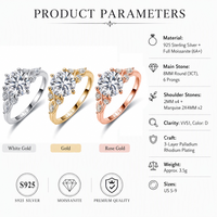 Bague en Moissanite Argent Sterling 925 Ronde 8mm 3 Carats 6 Griffes VVS1 Couleur D Marquise Épaule 3 Couleurs Bijoux