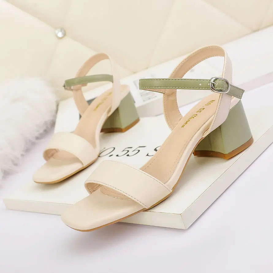 Khaki green Fashion outdoor sexy ladies Open Toe High Heels Sandals Back Hollow Thick Heel Women's Shoes