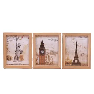 Hot Selling Houten 3 Fotolijsten Huwelijksgeschenken Triple Trifold Transparante Glazen Double Side Familie Glas Hout Fotolijst