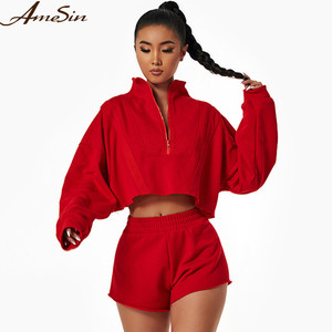 Ensemble 2 pièces sweat à capuche et short de sport pour femme haut court zippé et ceinture élastique séchage rapide pour la saison d'automne grande taille - Product Image 5