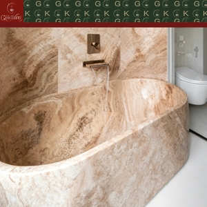 Baignoire ovale autoportante en onyx et marbre travertin GOLDKING, style moderne et minimaliste pour appartement, beige avec veines marron miel, OEM - Product Image 3