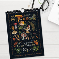 Calendrier Mural 2027 Forêt Noire Calendrier Lunaire Mystique Champignons Oiseaux Art Papier Couché Phases de Lune Reliure Spirale Décoration Maison Bureau