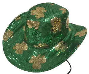 Four Leaf Clover Shamrock St Patrick's Cowboy Hat Adjustable Strap Green Cowgirl Sequin St Patrick's Jazz Hats