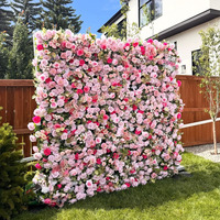 Décor mural floral artificiel 3D HK-FW025, 8*8 pieds, pour mariage, rideau 5D, mur de fleurs en soie, toile de fond rose, panneau mural floral enroulable