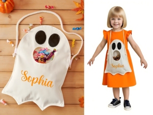 Sac à bonbons fantôme personnalisé avec monogramme, sac fourre-tout brodé personnalisé pour Halloween, sacs cadeaux pour friandises - Product Image 1