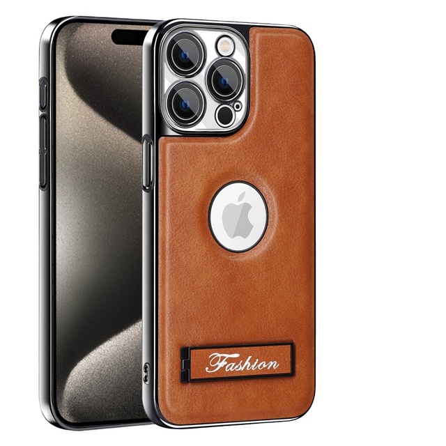 Business Plating Leather with Metal Bracket Phone case for iPhone 16 15 Pro Max 14 13 12 PU Leather Back Shockproof Phone Case