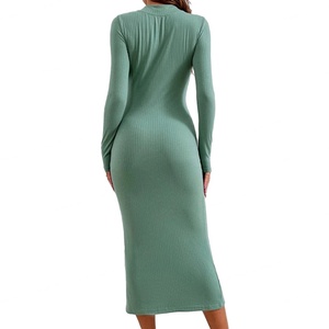 Vestido Midi Personalizado OEM de Alta Calidad para Mujer, Estilo Casual, Sexy, con Abertura, Cuello en V, Manga Larga, para Primavera y Otoño - Product Image 4