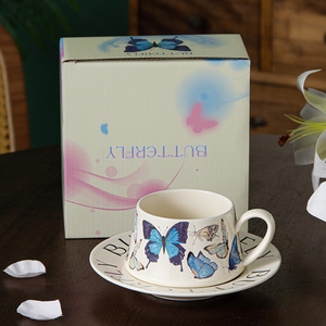 ชุดถ้วยชา Exquisite Butterfly 270 มล. 9 ออนซ์ ถ้วยชาหรูหราพร้อมจานรอง ถ้วยกาแฟเซรามิกแบบใช้ซ้ำได้ พร้อมถาด - Product Image 2