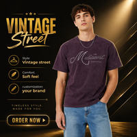 T-shirt Homme OEM ODM Vintage Violet Délavé à l'Acide avec Impression Strass Thermocollés Style Cursive Bling, Coupe Oversize en Coton Doux, Style Rétro Streetwear