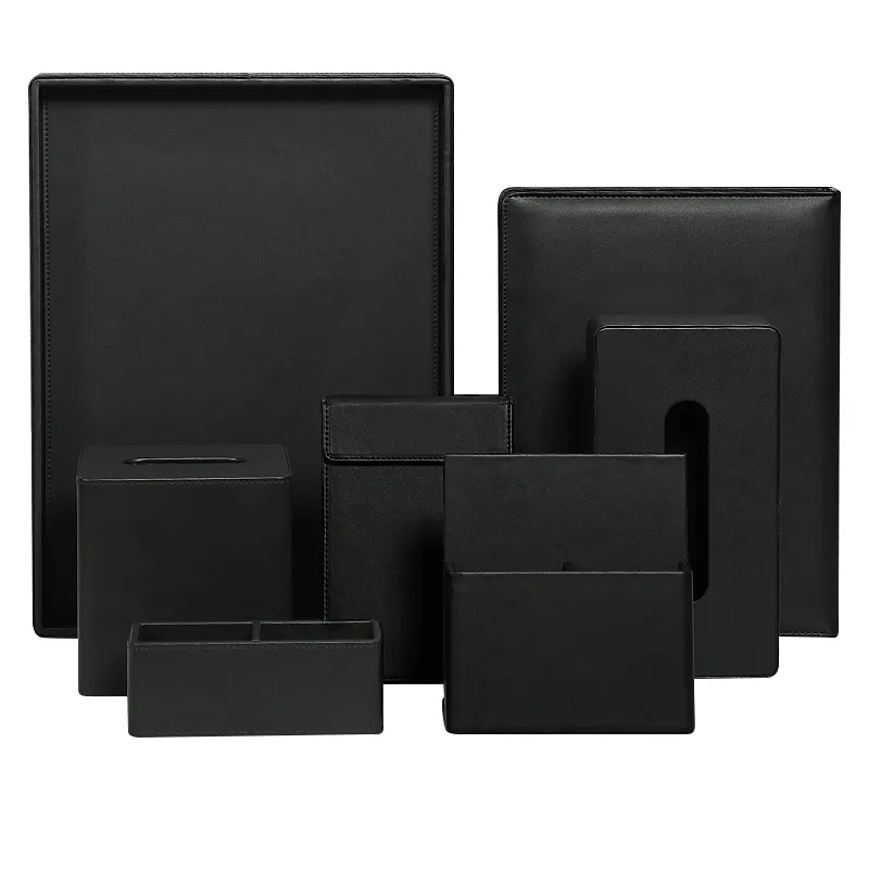 Anpassen des Designs Logo 7-teiliges komplettes Set Schwarzes Leder Schreibtisch zubehör Organizer Leder Gästezimmer Ausstattung Set für 5-Sterne-Hotel