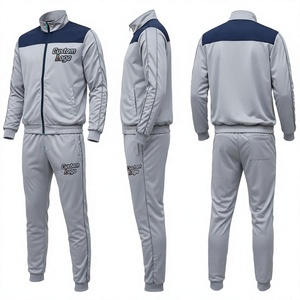Men's Gray Navy Color Block Tracksuit Set Full Sleeve Zipper Sporty Casual Autumn Wear <b>Polyester</b> Regular Fit <b>Joggers</b> - Product Image 1