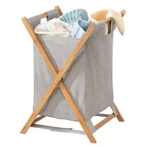 X Frame Bamboo Laundry Basket Foldable Clothes Hamper Organizer Portable and Collapsible Clothes Basket with Removable Poly