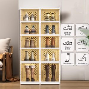 No Assembly Shoe Organizer <b>Rack</b> All-in-one Foldable Stackable Clear Plastic Shoe Storage Box <b>Boots</b> Sneaker Container Bins Holder - Product Image 3