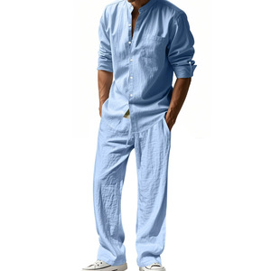 Nouveau costume de plage décontracté pour hommes en lin américain été quatre saisons à manches longues chemise respirante ample avec pantalon deux pièces ensembles - Product Image 5