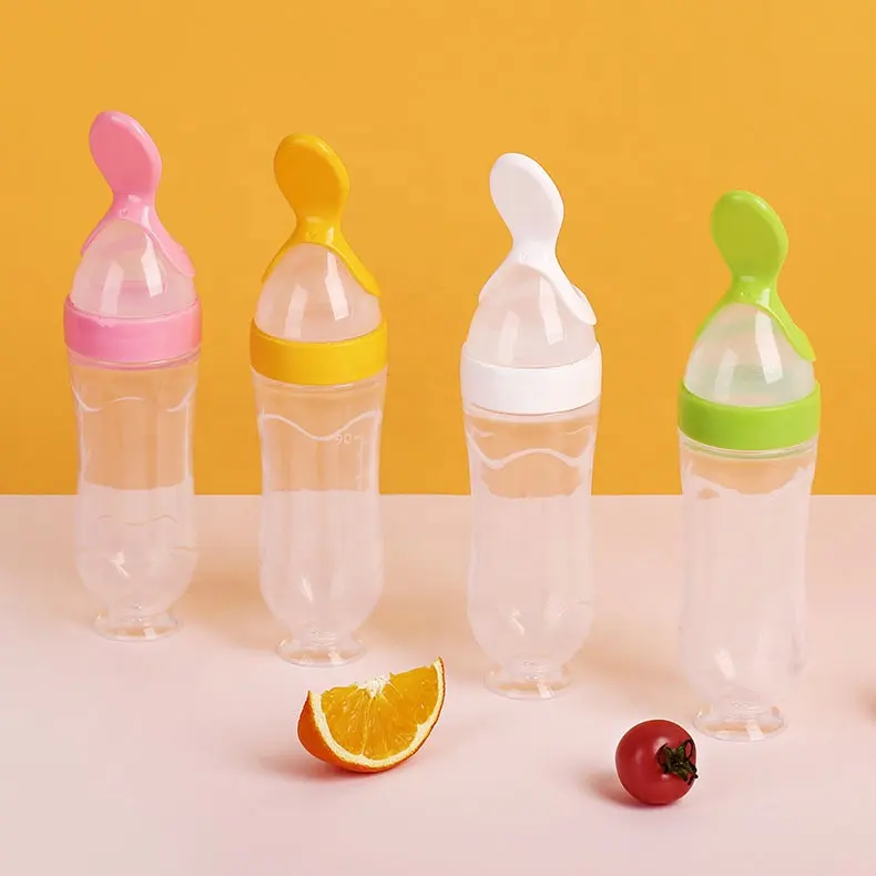 Factory Hot Sale Baby Food Feeder Dropper Food Grade Silicone Baby Cereal Feeder Squeeze Bottle With Spoon