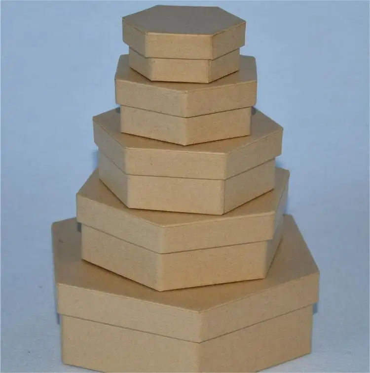 2024 Um conjunto de 5 caixas de papelão personalizadas em forma de hexágono DIY caixa de papel mache para presente