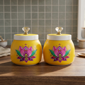 Ensemble de pots à épices en métal avec design lotus, couvercles ronds jaunes hermétiques pour la cuisine - Product Image 6