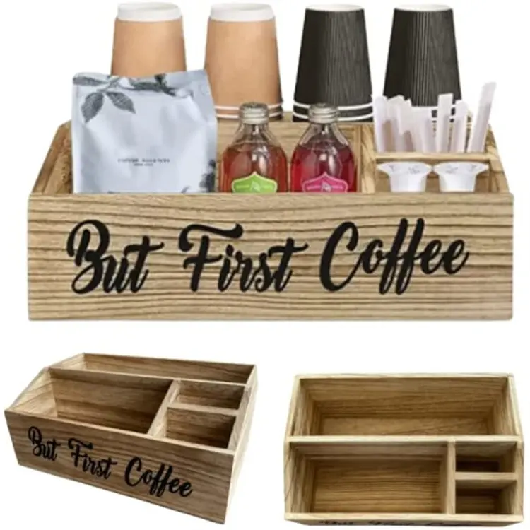 Coffee Station Organizer, Wooden Coffee Bar Bin Box, Countertop Coffee Bar Accessories Organizer