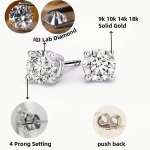 In Stock IGI Certified 1CT D VVS Diamond Studs 18K Gold Four Claws Stud Classic Design Lab Grown Diamond Earrings - Product Image 2