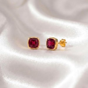 Natural Ruby Faceted Cushion Cut <b>Stud</b> Earrings In 925 <b>Sterling</b> <b>Silver</b> Or 18K Gold Filled Red Gemstone Minimalist Elegant Fine - Product Image 1