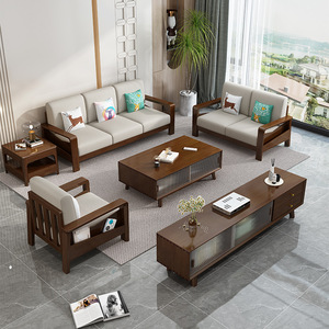 Nordic Solid Wood <b>Sofa</b> Set 123 Combination Storage Armrest Living Room Furniture Natural Wood Color Fabric <b>Sofa</b> - Product Image 2