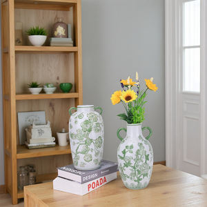 Redeco 오리엔탈 플로럴 버드 세라믹 꽃병 홈 장식용 녹색 전통적인 이중 손잡이 디자인 거실 바닥 꽃병 - Product Image 5