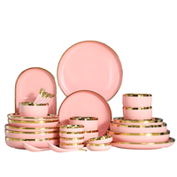 Service de vaisselle en porcelaine SISAIER écologique avec bord doré, 18 pièces, avec kit d'ustensiles, vaisselle de luxe verte pour la maison et les restaurants