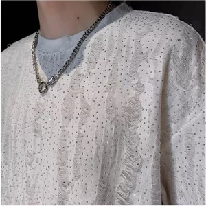 <span class=keywords><strong>Camiseta</strong></span> de Verano Moderna para Hombre, Personalizada, de Manga Corta, 100% Algodón, Tejida, Informal, con Estampado, Agujeros, Pedrería, Transpirable, Corte Holgado - Product Image 2