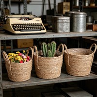 Panier de rangement en corde de paille tressée à la main avec poignées tressées, panier décoratif tissé pour plantes, linge et maison