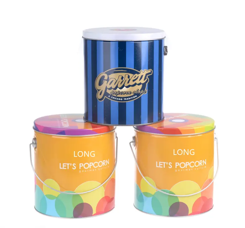 Christmas Gift Metal Food Popcorn Bucket Tin Containers Handle Bucket Tin Can For Popcorn Packaging