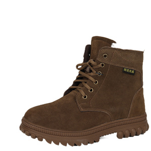 <b>Men</b> Snow Boots Brown Thick Sole Warm Cotton Outdoor Work Boots Mid <b>Heel</b> Solid Color Front Laces - Product Image 1