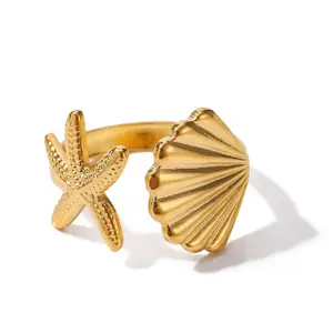 Trendy Design Ocean Style Stainless Steel Rings 18K PVD Plated Shell And Starfish Rings Tarnish Free Rings For Girls